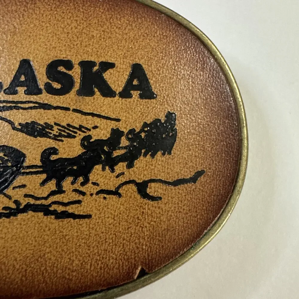 Vintage Alaska Leather Belt Buckle: Sled Dogs Mushing Made in USA